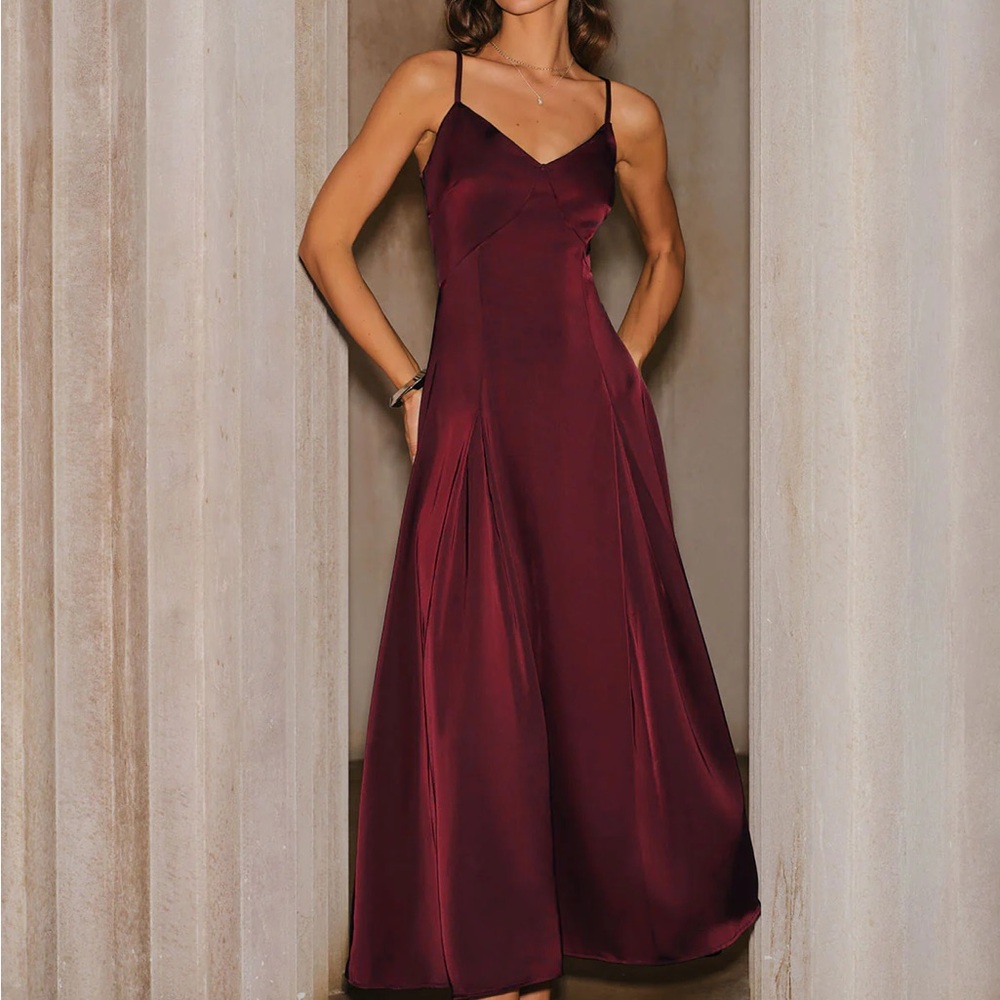 Rihoas Wine Red Satin A-Line Slip Maxi Dress - Picture 3 of 9